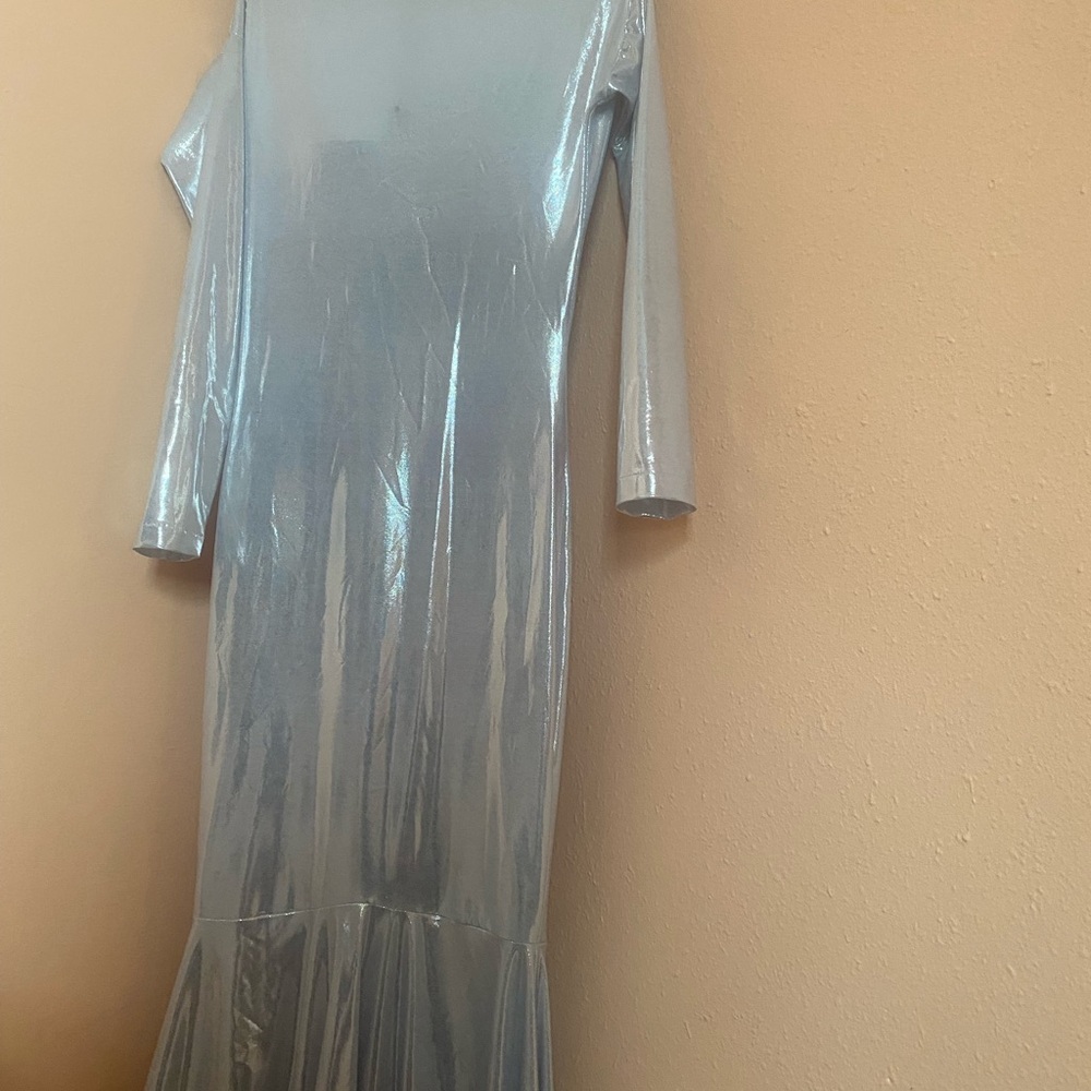 Metallic Silver Long Sleeve Gown